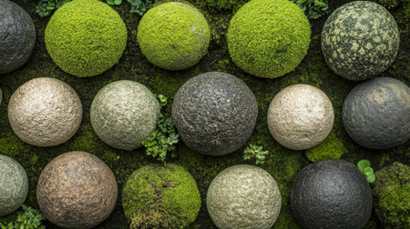 This captivating image showcases an arrangement of decorative stones set against a lush moss-covered surface, highlighting the beauty of nature's textures and colors.の素材