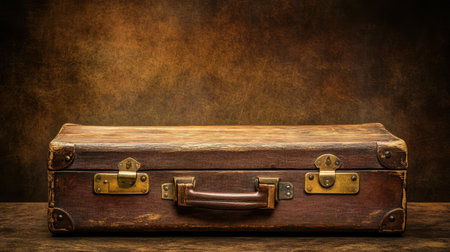 A vintage leather suitcase rests on a wooden table, featuring brass fittings and a warm, artistic background that evokes feelings of nostalgia.の素材