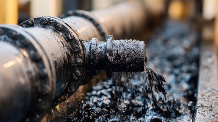A close-up view of an industrial pipeline actively draining liquid waste into a water body, highlighting environmental concerns and pollution challenges in urban areas.の素材