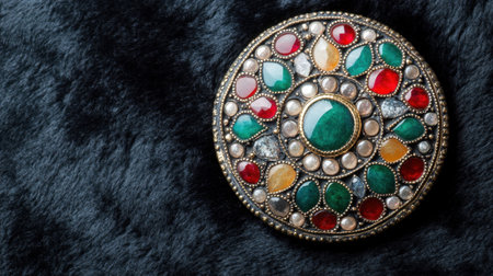 This stunning brooch features a rich array of colorful stones and pearls set in an intricate metal design, perfect for adding vintage flair to any outfit.の素材