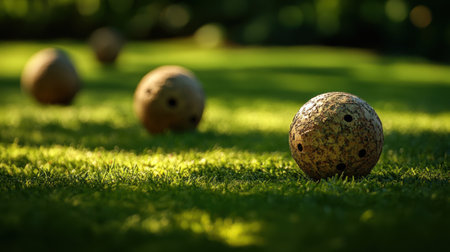 This image captures a serene moment with boules resting on a lush green lawn, illuminated by soft sunlight, creating an inviting atmosphere for outdoor games.の素材