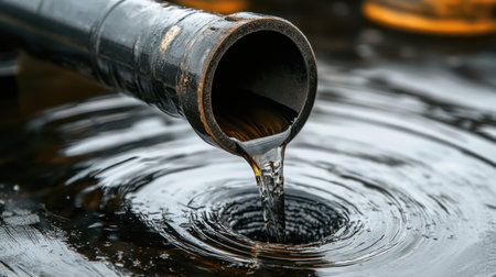 A detailed close-up photograph showcasing a fuel nozzle pouring liquid into a still water surface, creating ripples and reflections, highlighting energy themes.の素材