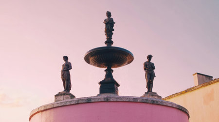 This captivating image features an elegant fountain adorned with classical statues, set against a beautiful pastel sky during sunset, creating a tranquil ambiance.の素材