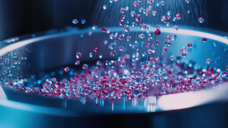 Captivating image of glimmering water droplets cascading over colorful gemstones in a sleek silver bowl, illuminated by soft blue light, creating an enchanting display.の素材