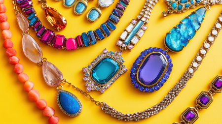A vibrant assortment of vintage jewelry featuring colorful gems and elegant designs displayed on a bright yellow background, perfect for fashion inspiration.の素材