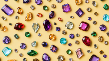 A visually appealing flat lay of various colorful gems and stones arranged artistically on a bright yellow surface, showcasing their vibrant hues and textures.の素材
