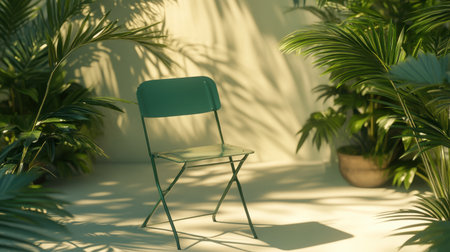 A striking green folding chair stands amidst vibrant tropical foliage, illuminated by soft natural light, creating a serene and inviting atmosphere.の素材