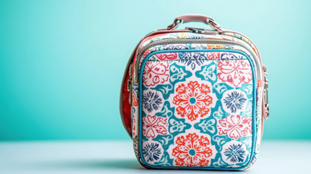 This image features a stylish floral patterned bag with vibrant colors on a soft turquoise background, perfect for showcasing modern design and colorful accessories.の素材