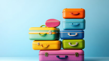 A vibrant collection of stacked luggage showcasing various colors against a light blue background, ideal for travel-related themes and designs.の素材