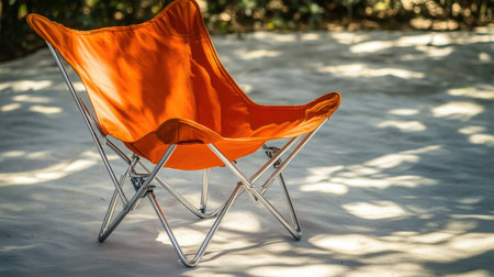A vibrant orange folding chair sits on a light sandy surface, creating a cozy outdoor space perfect for relaxation amidst natural surroundings.の素材