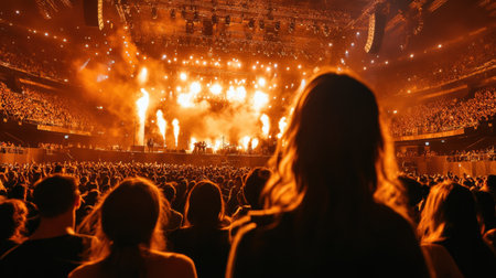 A vibrant live concert scene featuring a captivated audience enjoying an electrifying performance, illuminated by fiery effects and stage lights.の素材