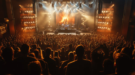 A vibrant concert scene featuring a captivated audience enjoying a live performance. Stage lights create an exciting atmosphere with smoke effects, enhancing the lively energy of the event.の素材
