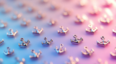 A close-up view of shiny silver anchor charms neatly arranged on a gradient background. Ideal for crafting, jewelry design, and artistic projects, these charms showcase unique details and a vibrant aesthetic. Perfect for nautical-themed creations.の素材