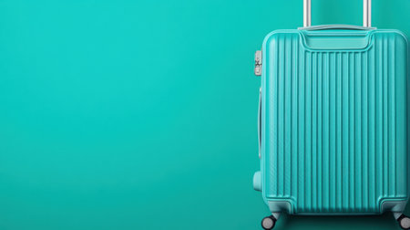 A bright turquoise suitcase stands against a solid background, representing modern travel aesthetics and vacation planning. Perfect for promotional materials.の素材