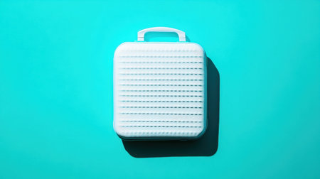 A stylish white storage box on a vibrant turquoise background, showcasing modern design and practicality for home or office organization. Clean lines and minimal aesthetic enhance creative spaces.の素材