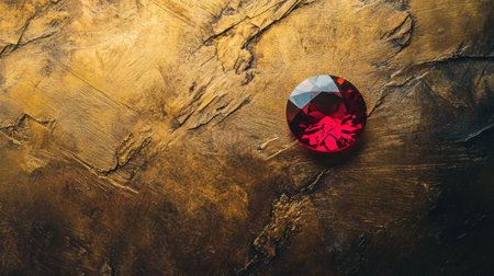 A striking red gemstone rests elegantly on a luxurious golden surface, showcasing its vivid colors and intricate designs, perfect for themes of beauty and elegance.の素材