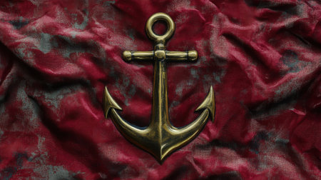 This image features a stunning antique bronze anchor set against a rich red velvet fabric, creating a luxurious and elegant visual contrast that inspires maritime themes.の素材