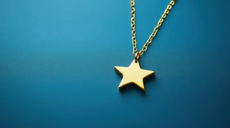 A beautifully crafted golden star pendant necklace hangs gracefully against a vibrant blue background, perfect for adding elegance to any outfit.の素材