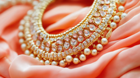 Close-up view of an elegant gold necklace adorned with pearls and sparkling gems, beautifully placed on soft coral fabric, showcasing luxury and craftsmanship.の素材