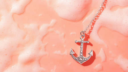 A beautiful silver anchor pendant adorned with rhinestones rests on a soft pink surface filled with bubbly water, perfect for fashionable accessories.の素材