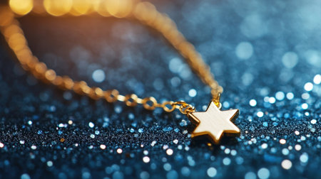 This image captures an elegant gold necklace featuring a star charm, beautifully presented against a shimmering blue glitter background, perfect for fashion enthusiasts.の素材