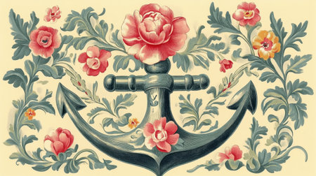 This vintage floral anchor design showcases bright roses and lush greenery, blending maritime themes with artistic elegance, perfect for decor or prints.の素材