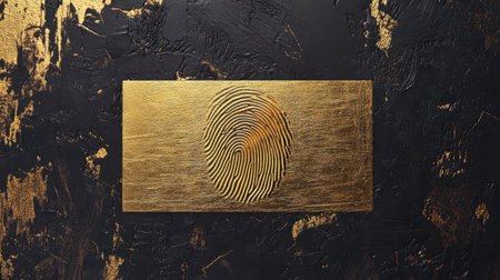 This artistic image features a golden fingerprint imprint on a textured black background, embodying themes of identity and elegance with a modern twist.の素材