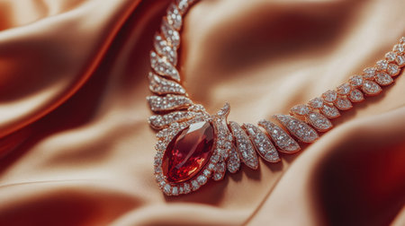 This stunning red gemstone necklace adorned with sparkling diamonds rests gracefully on a rich satin fabric, showcasing exceptional craftsmanship and elegance.の素材