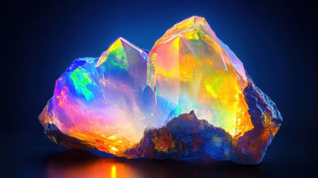 This image features vibrant, colorful crystals displaying a stunning array of iridescent hues against a dark background. The sharp edges and translucent surfaces create a captivating visual display, highlighting the beauty of natural minerals. Perfect for artistic and scientific uses, this enchanting piece evokes wonder and intrigue.の素材