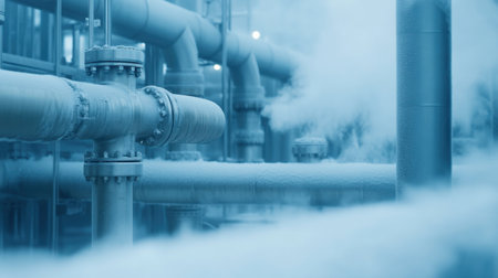 This image captures industrial pipes emitting steam in a blue hue, symbolizing the intricacy of contemporary manufacturing and energy processes.の素材