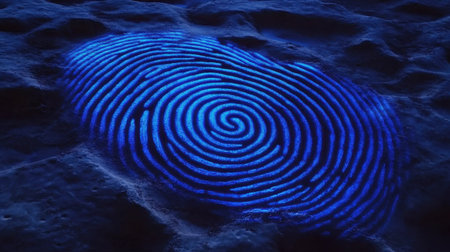 This captivating image features a mesmerizing blue fingerprint pattern set against a dark background, evoking a sense of mystery and creativity.の素材