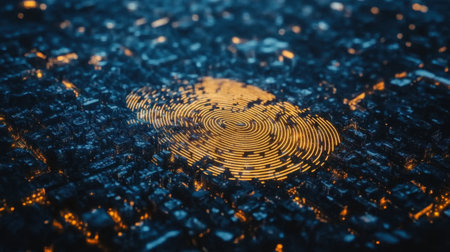 This striking digital image captures a vibrant cityscape at night, enhanced by a glowing circular pattern that symbolizes sound waves or data visualization, creating a unique metropolitan atmosphere.の素材