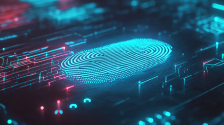 This image showcases a futuristic digital fingerprint surrounded by vibrant neon lights, representing high-tech security and identification systems in a network environment.の素材