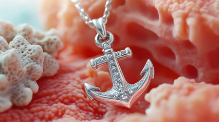A stunning silver anchor pendant necklace adorned with sparkling diamonds, beautifully displayed on a vibrant coral background, perfect for ocean lovers.の素材