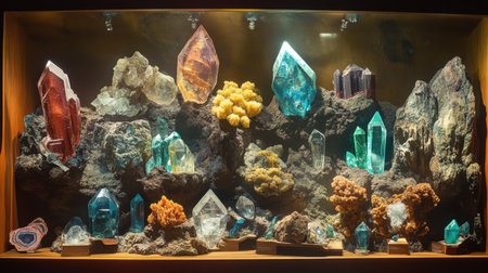 An exquisite showcase of vibrant crystals and minerals highlighting their unique shapes and enchanting colors in a natural setting. Ideal for nature lovers.の素材