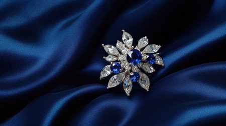 This elegant sapphire and diamond brooch is beautifully displayed on a luxurious dark blue satin fabric, showcasing intricate design and sparkle.の素材