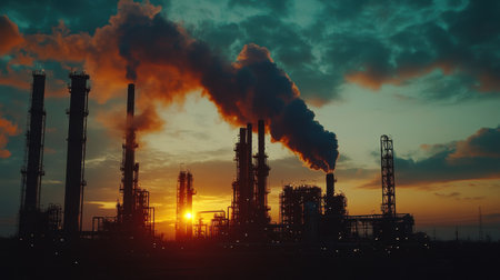 A striking silhouette of an industrial skyline at sunset, showcasing factory chimneys emitting smoke against a backdrop of vibrant colors.の素材