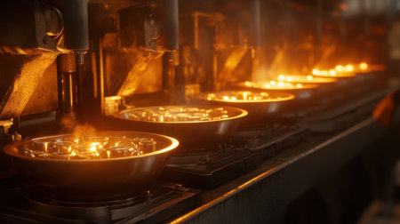 A vibrant scene of an industrial foundry showcasing the pouring of molten metal into glowing molds. Steam rises amidst a busy manufacturing process, highlighting craftsmanship and technology in action.の素材