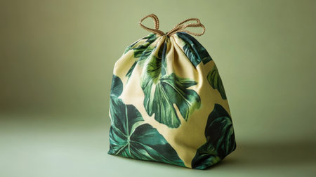 This beautifully designed fabric bag features a tropical leaf pattern against a soft green background. It's perfect for stylish storage or gift wrapping.の素材