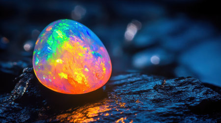 A stunning close-up of a colorful opal gemstone displaying vibrant rainbow reflections on a dark textured background, perfect for nature and jewelry themes.の素材