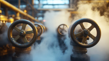 Close-up view of industrial valves surrounded by steam in a factory setting, highlighting the machinery and control systems in action for manufacturing processes.の素材