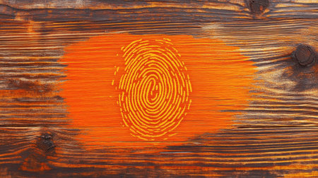 This captivating image features an artistic fingerprint design in vivid orange, set against the warm texture of natural wood, blending creativity with identity.の素材