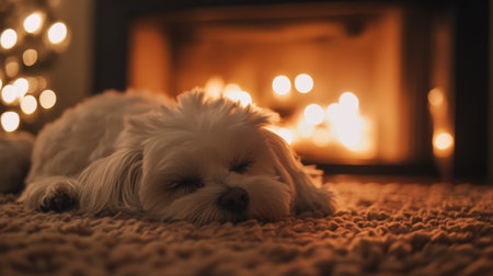 A cozy scene featuring a relaxed dog resting in front of a warm fireplace, creating a peaceful atmosphere filled with soft glowing lights.の素材