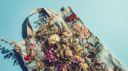 A charming tote bag overflowing with vibrant flowers sits against a soft blue background. This image captures the essence of spring and summer, showcasing nature's beauty and artistry in a stylish, eco-friendly design. Perfect for showcasing a celebration of blooms and fresh floral aesthetics.の素材