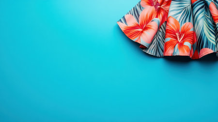 A vibrant and colorful floral skirt featuring tropical flowers on a bright blue background. Perfect for summer fashion ideas and playful outfits.の素材