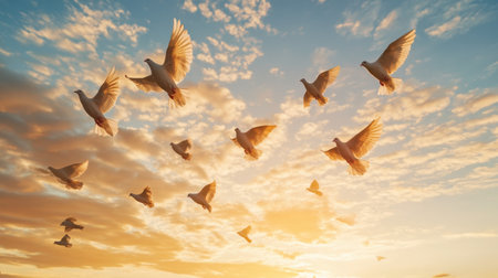 A stunning display of doves soaring gracefully in the sky during sunset, creating a serene and peaceful atmosphere with beautiful colors and fluffy clouds.の素材