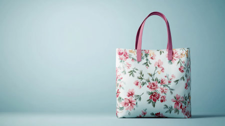 This elegant floral tote bag features a charming design with vibrant flowers on a soft blue background, perfect for fashion and style enthusiasts looking for trendy accessories.の素材