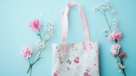 This elegant floral tote bag features a beautiful design with pink flowers against a soft blue background, perfect for shopping or daily use.の素材