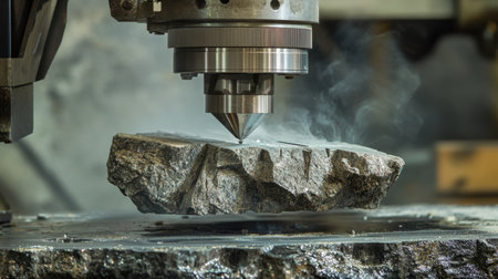 A close-up view of advanced CNC technology machining a piece of rock, showcasing precision and innovation in the industrial process of material shaping.の素材