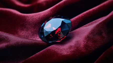 A stunning deep red gemstone elegantly placed on soft velvet fabric, creating a beautiful composition that highlights luxury, elegance, and artistic inspiration.の素材